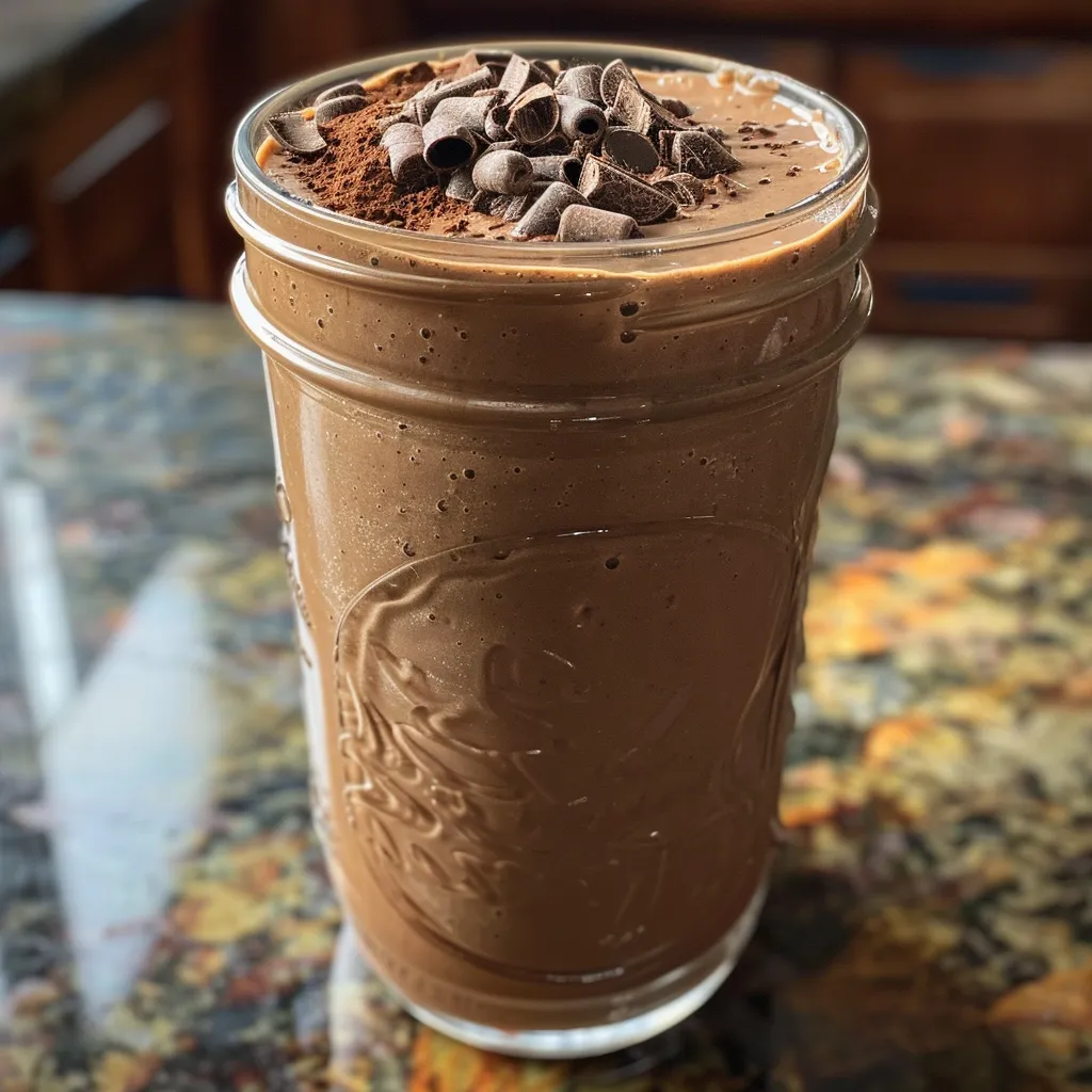 A rich, thick smoothie made with banana and chocolate, shown in a vibrant glass.
