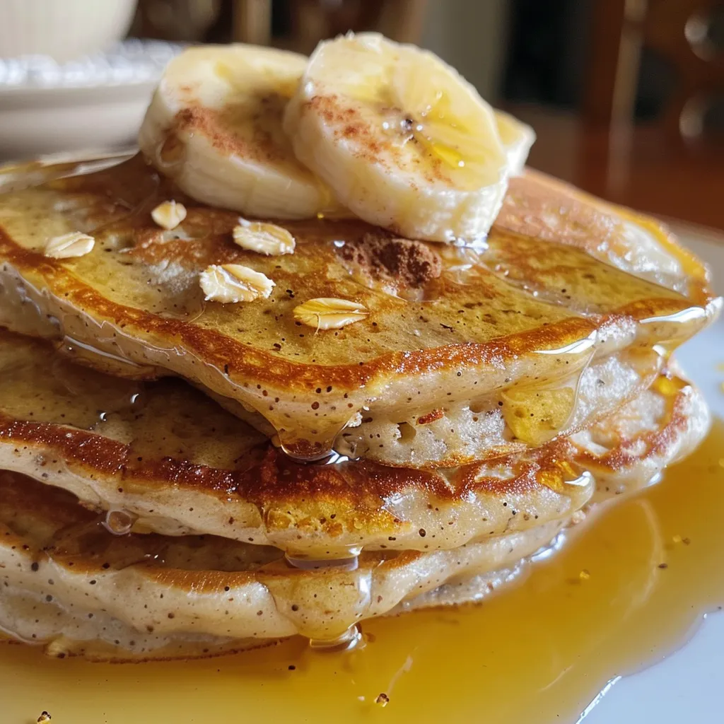 Side view of protein-packed banana oat pancakes, highlighting their delicious appearance.