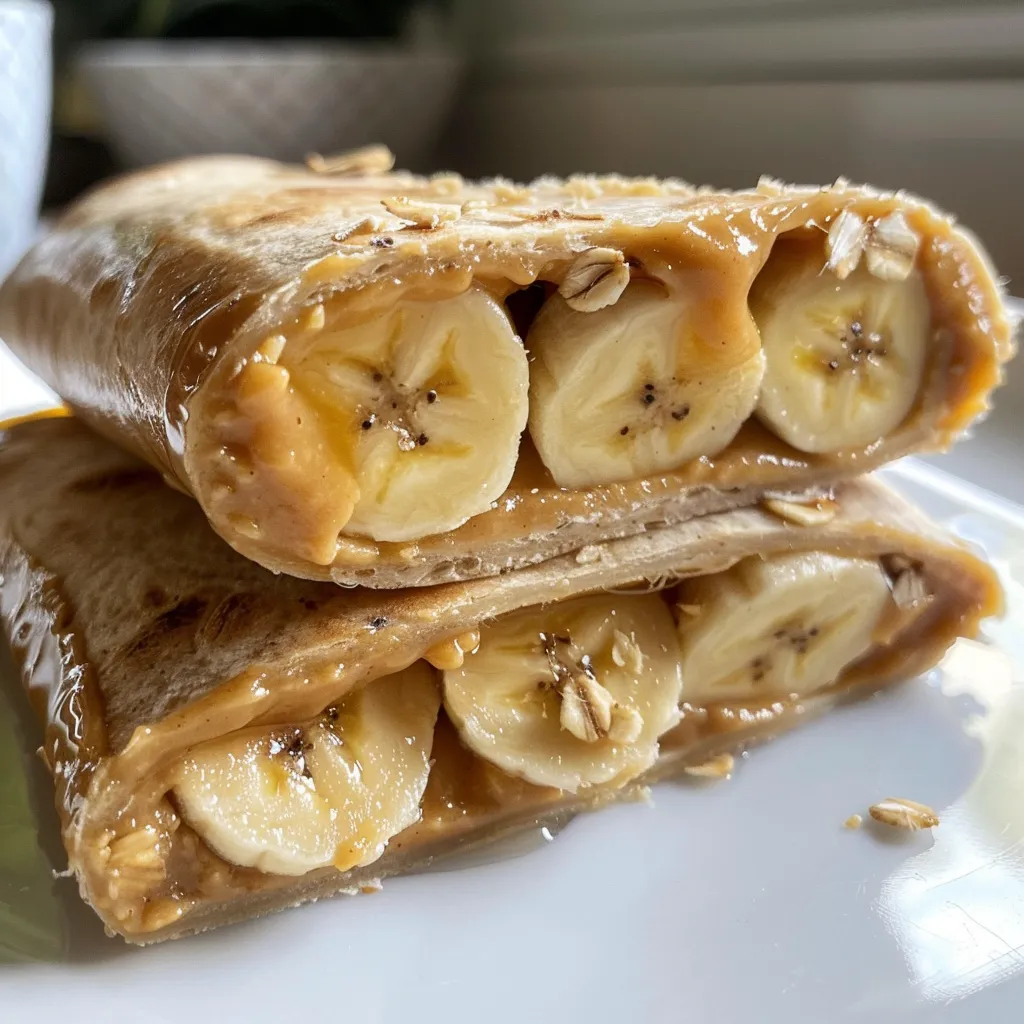 Appetizing close-up of a rolled tortilla with banana and peanut butter, with spices sprinkled on top.