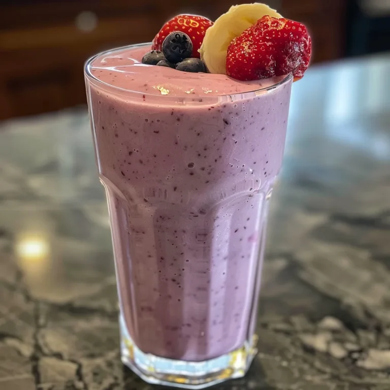Creamy Berry Banana Smoothie in a glass, showcasing vibrant colors of strawberries and blueberries.