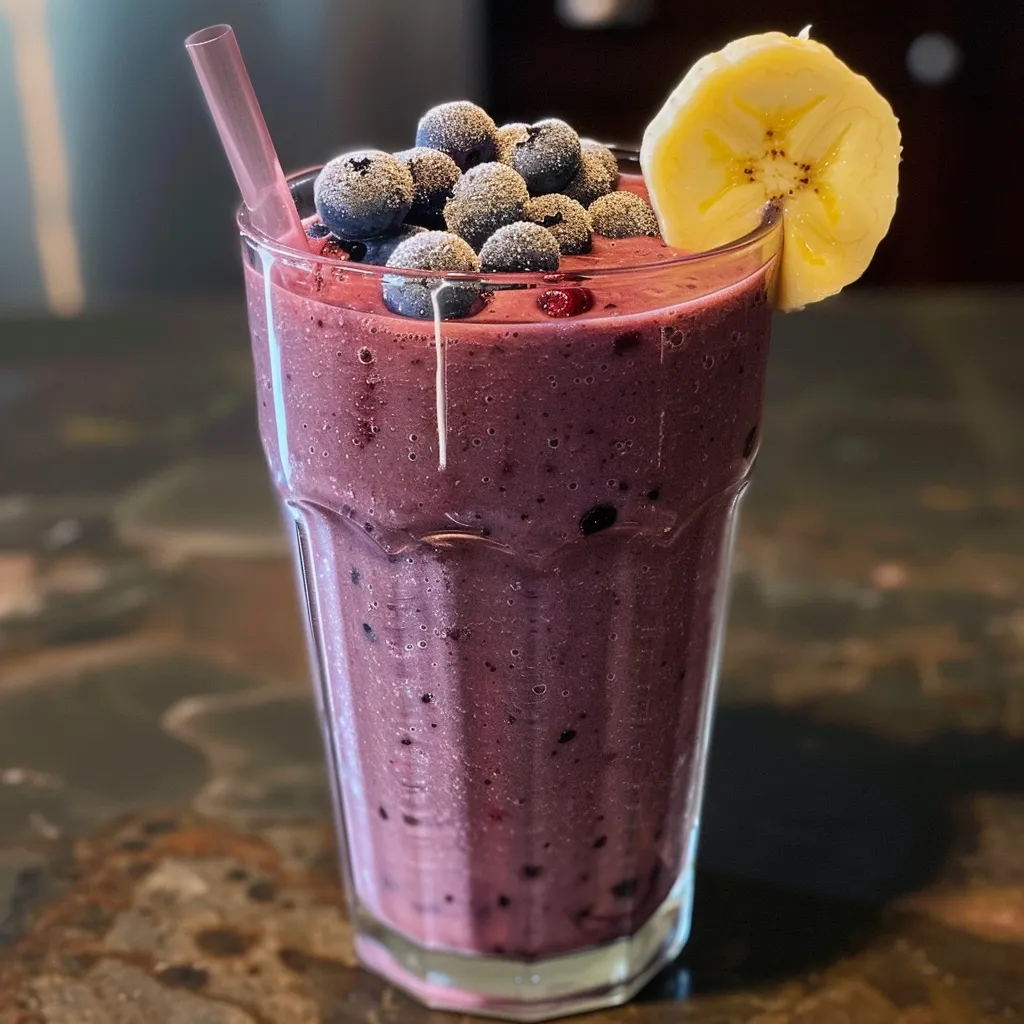Refreshing Blueberry Banana Smoothie displayed on a wooden table, emphasizing the vibrant ingredients.