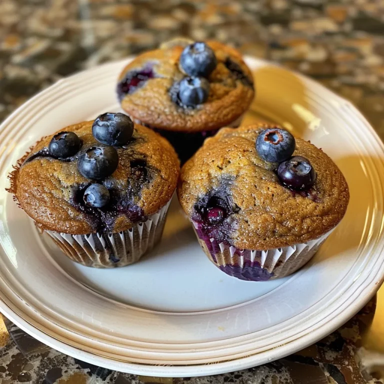 Delicious blueberry protein muffins displayed with fresh blueberries in the background.