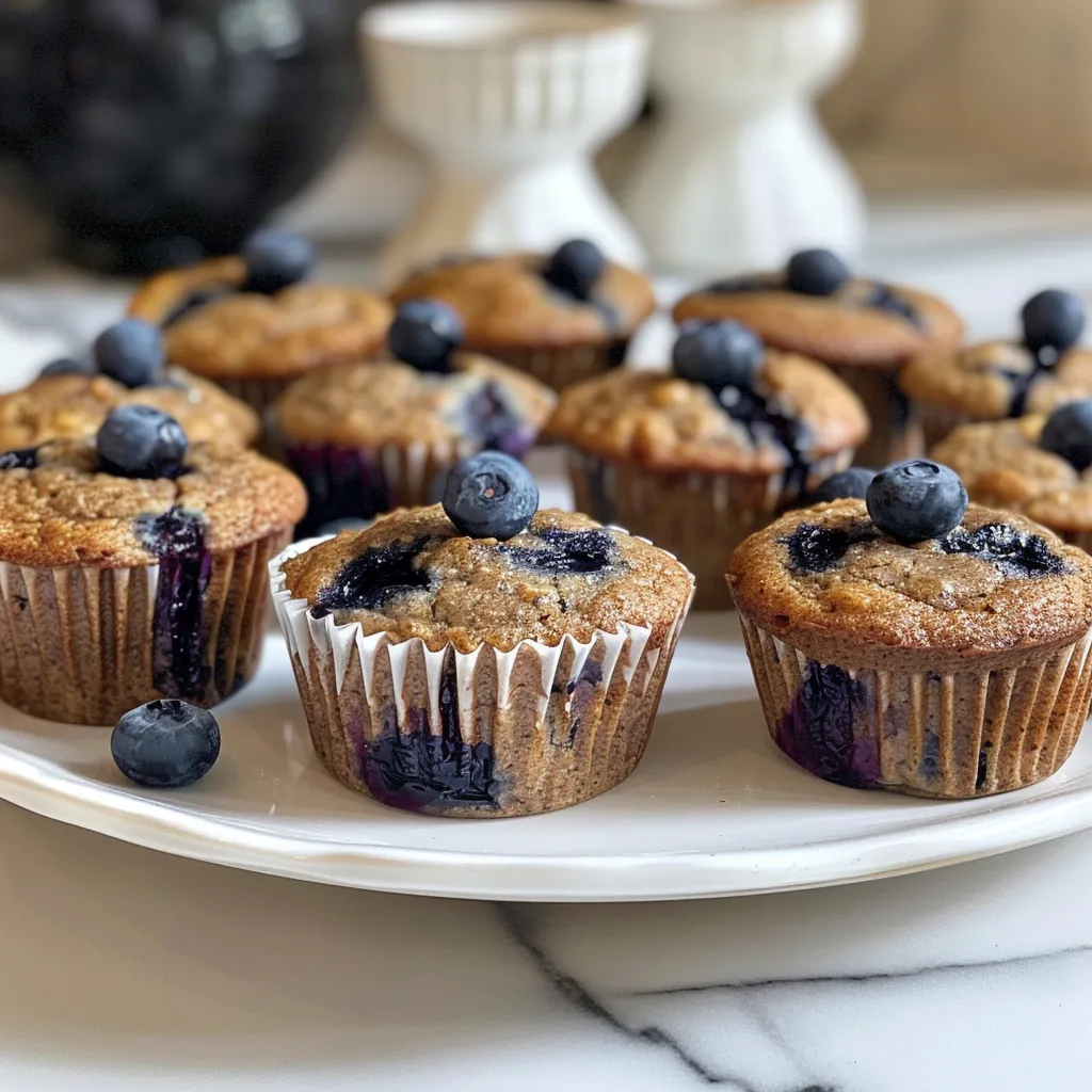 Juicy blueberry muffins with a golden-brown crust and visible blueberries throughout.