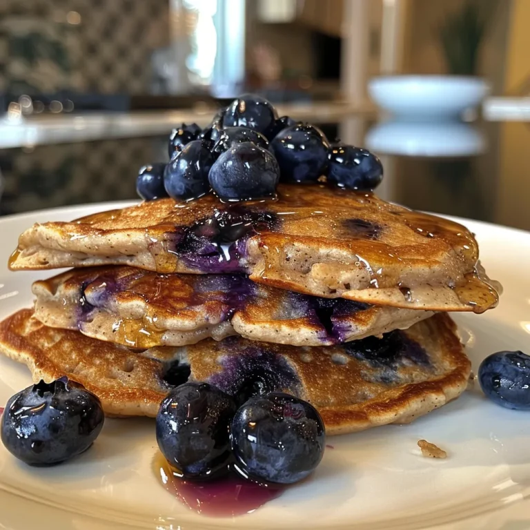 Elevate Your Breakfast: Fluffy Blueberry Oat Pancakes Made Simple Juicy blueberry oat pancakes drizzled with syrup, showcasing their texture.
