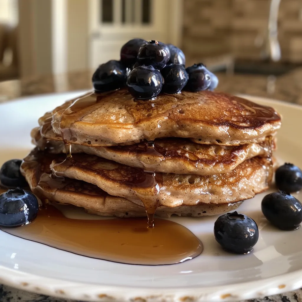 A serving of blueberry oat pancakes with a golden-brown color and visible blueberries.