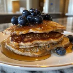 A side perspective of golden-brown blueberry oatmeal pancakes topped with fresh blueberries.