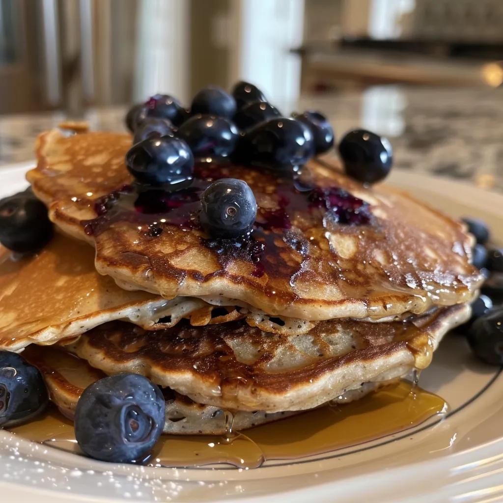 Fluffy pancakes featuring blueberries, arranged on a rustic plate with a soft background.