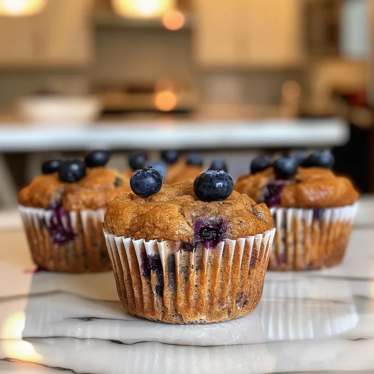 Side view of warm blueberry muffins, showcasing their golden-brown tops and blueberries.
