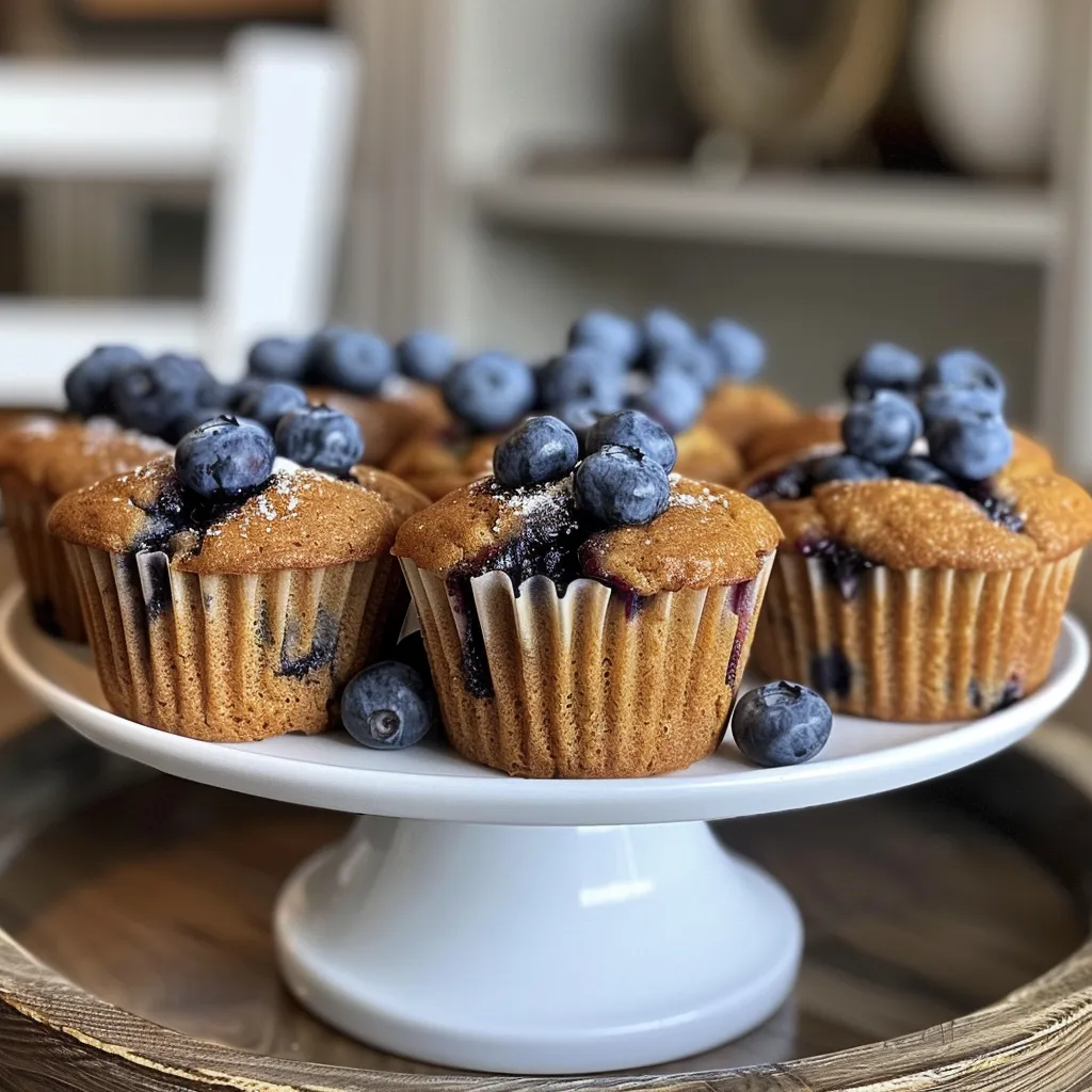 A detailed shot of baked blueberry muffins showing a moist interior and fresh blueberries.