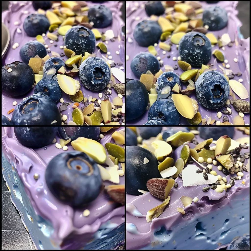Detailed shot of Blueberry Yogurt Bark highlighting the mix of yogurt and fresh blueberries.