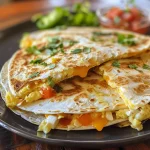 Delicious breakfast quesadilla sliced, revealing the cheesy filling and diced peppers.