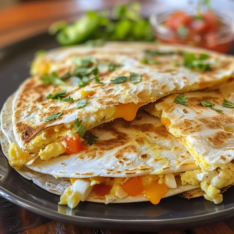 Delicious breakfast quesadilla sliced, revealing the cheesy filling and diced peppers.