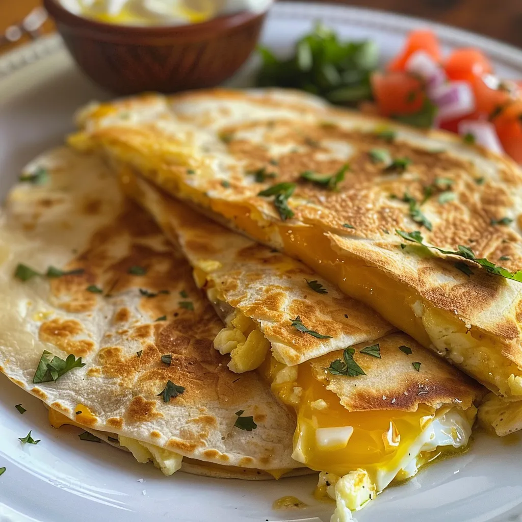 Tasty breakfast quesadilla garnished with fresh cilantro, ready to be served.