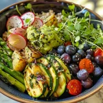 Side view of a healthy Buddha Bowl showcasing an array of colorful ingredients.