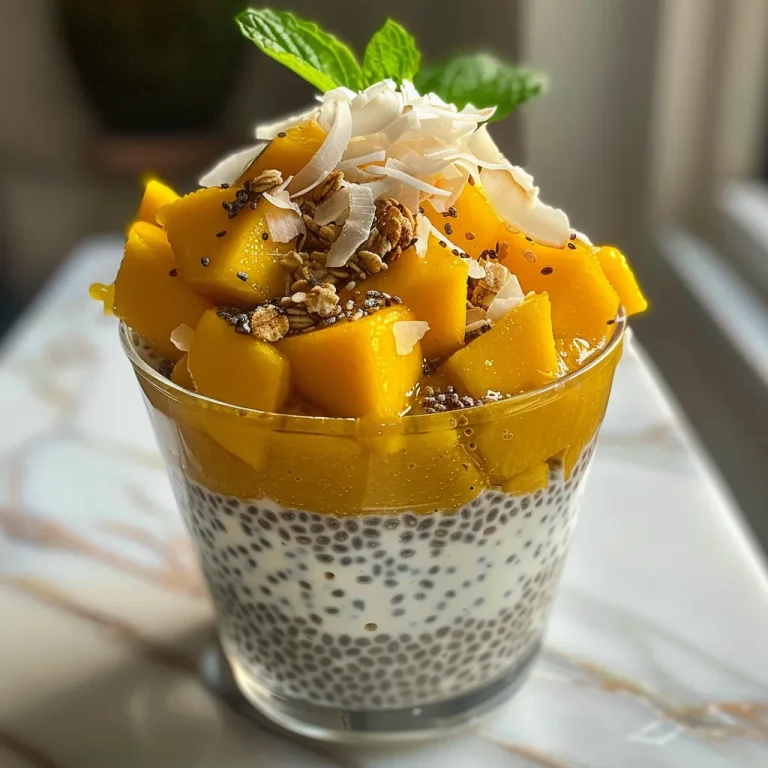 A vibrant mango and coconut chia pudding parfait presented in a clear glass, showcasing its textures.