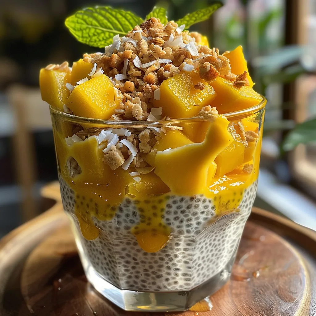 A colorful chia pudding dessert with mango chunks and coconut flakes, captured in natural light.