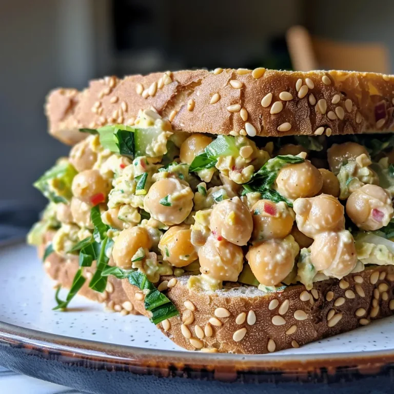 Juicy chickpea salad sandwich showcasing its texture and ingredients.