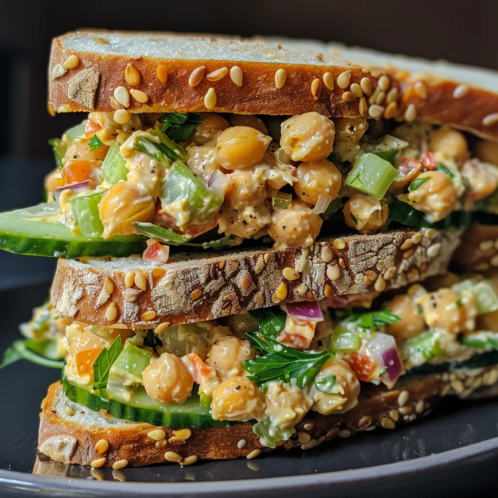 Whole-grain chickpea salad sandwich with a colorful filling, captured from the side.