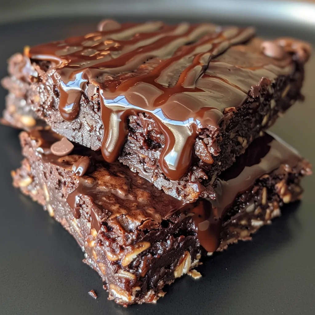 Juicy chocolate brownie oat breakfast bars stacked on a plate, emphasizing their soft consistency.