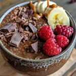 Rich chocolate chia pudding in a bowl, decorated with nut butter drizzle and assorted fruit.