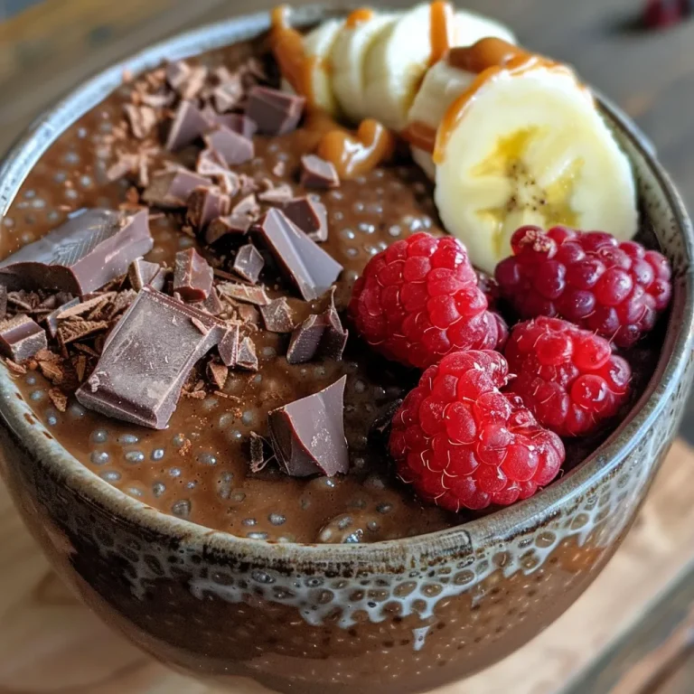 Rich chocolate chia pudding in a bowl, decorated with nut butter drizzle and assorted fruit.