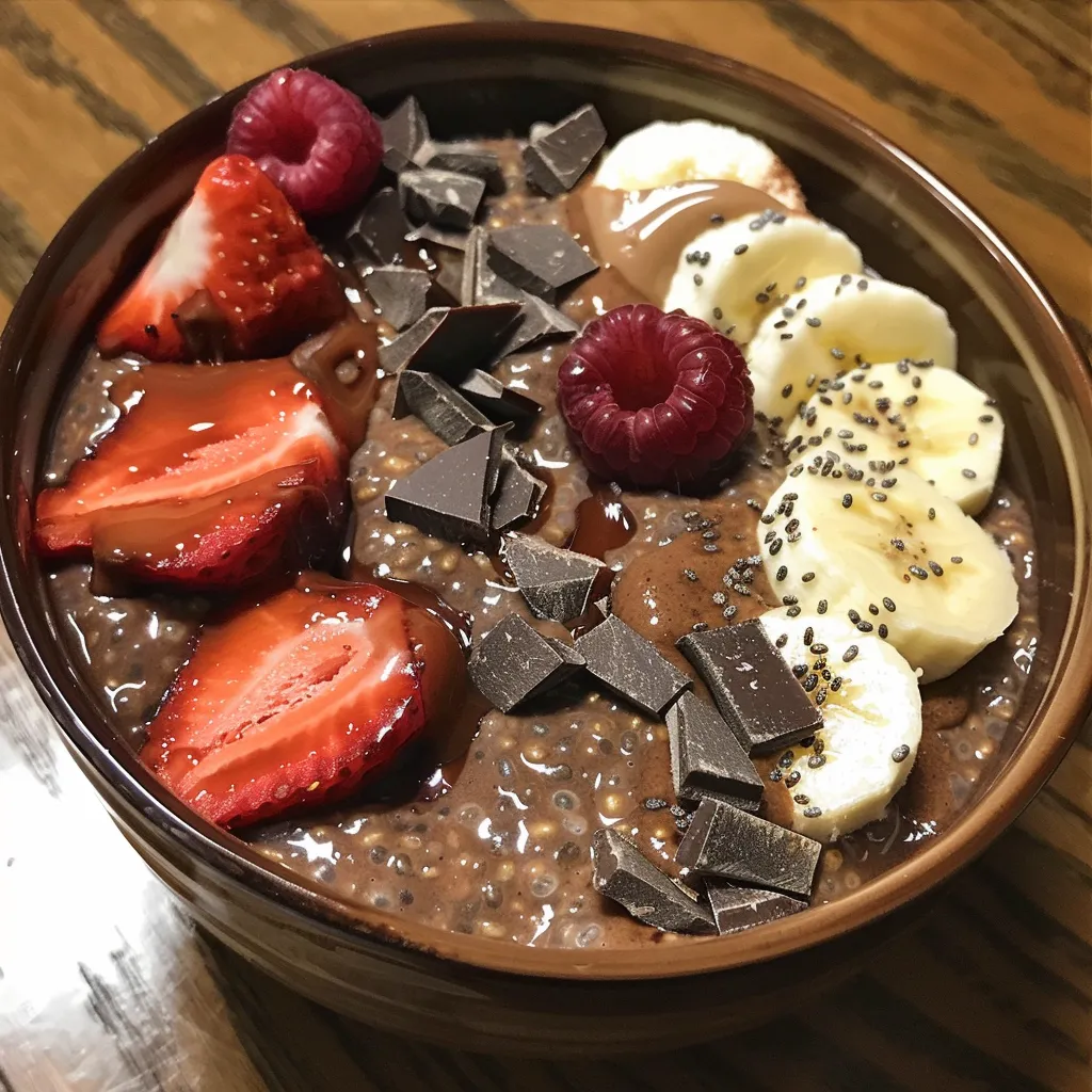 A delicious serving of chocolate chia pudding presented in a decorative bowl, showcasing its creamy layers.