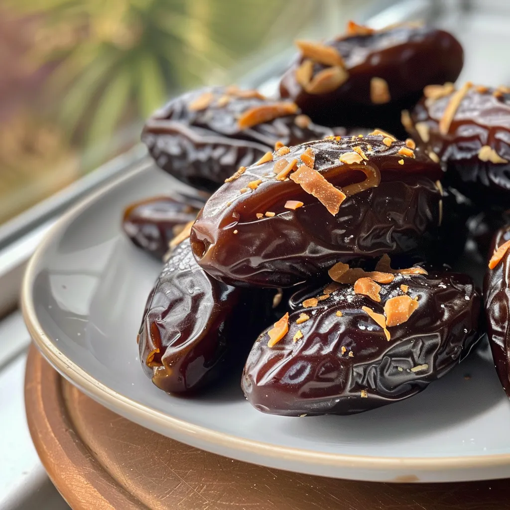 Detailed shot of decadent chocolate-covered dates, highlighting the rich texture and almond toppings.