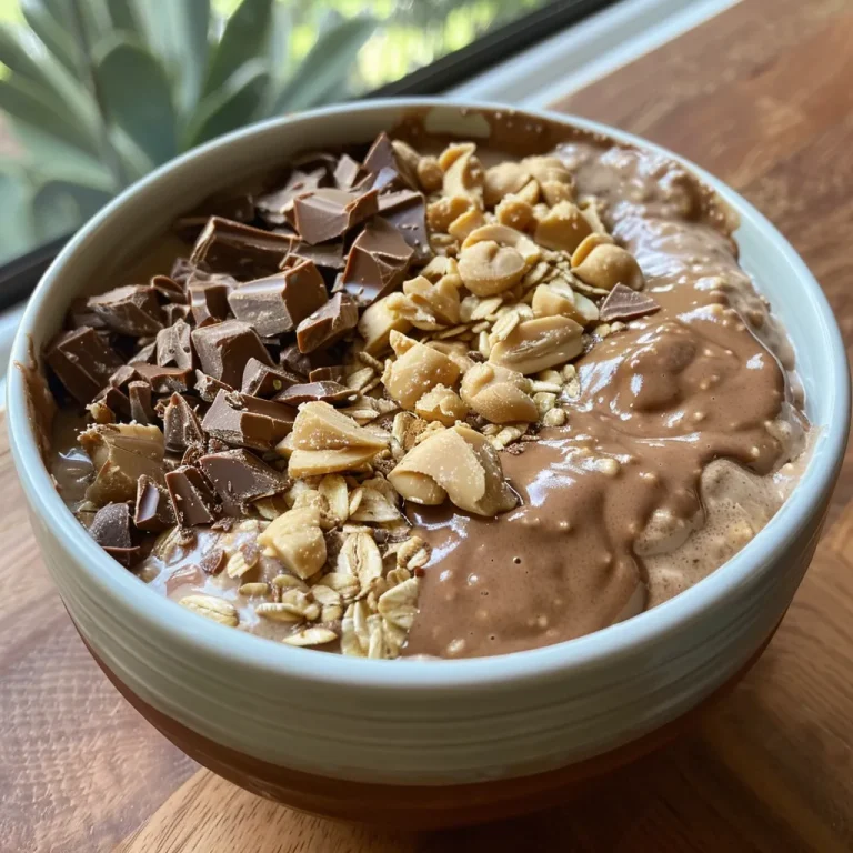 Detailed view of chocolate oatmeal garnished with cocoa powder and peanut butter.
