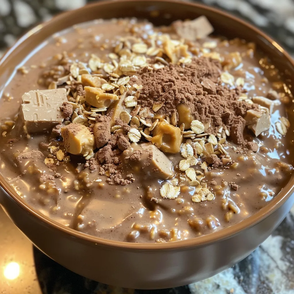 Appetizing chocolate peanut butter oats in a bowl, showcasing creamy texture.