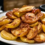 Slices of Granny Smith apples coated in brown sugar and cinnamon, ready to serve.