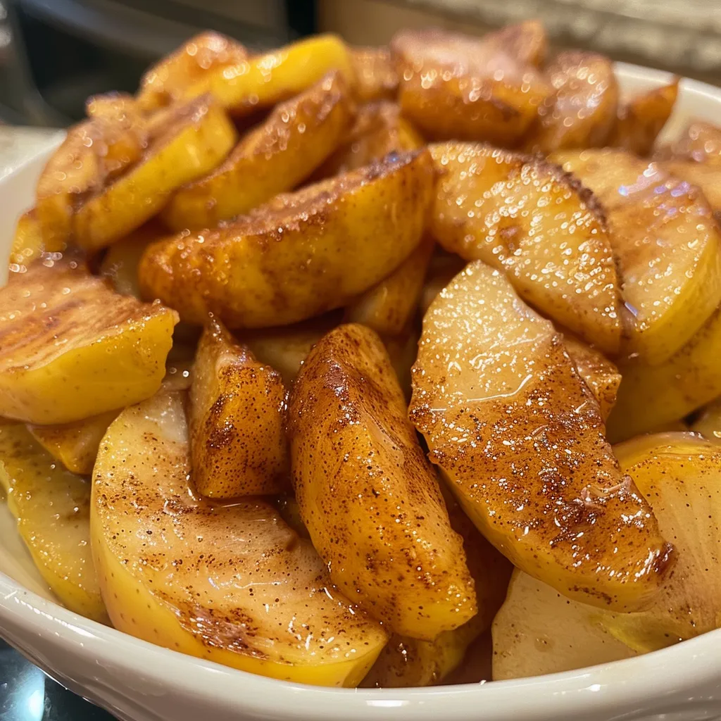 A mouthwatering display of warm, cinnamon fried apples with a golden hue.