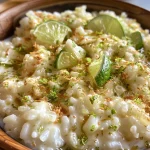 Side view of a bowl filled with Coconut Lime Rice Pudding, radiating tropical flavors.