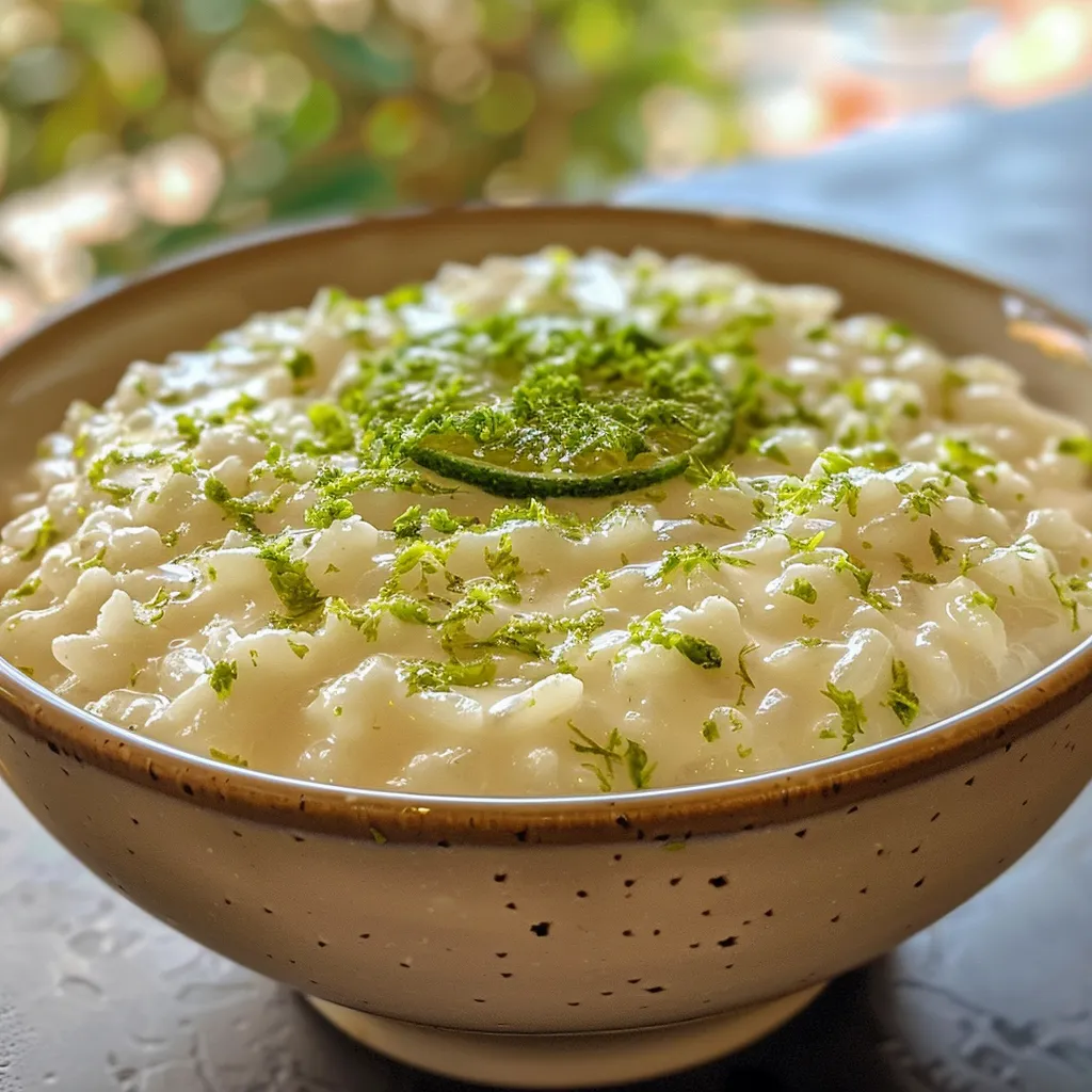 Detailed shot of Coconut Lime Rice Pudding, featuring a spoon and lime zest on top.
