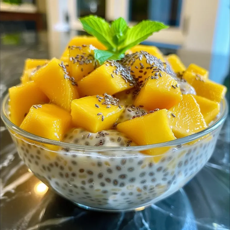 Delicious Coconut Mango Chia Pudding in a glass, showcasing chia seeds and tropical fruit.