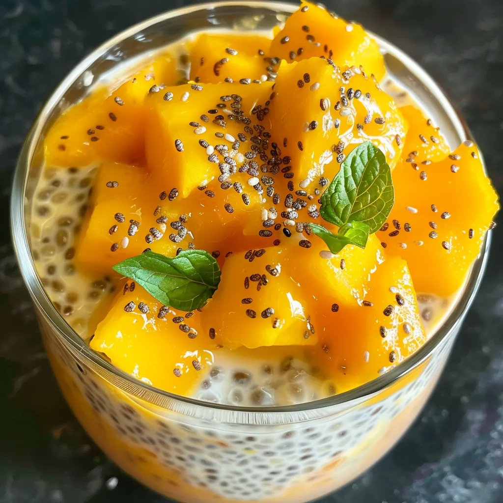 Detailed shot of a layered Coconut Mango Chia Pudding with a smooth coconut texture.