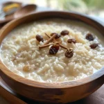 A bowl of coconut milk rice pudding featuring raisins and spices, captured with detailed focus.
