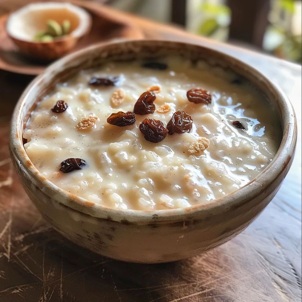 Creamy coconut rice pudding with a garnish of cinnamon, highlighting its inviting appearance.