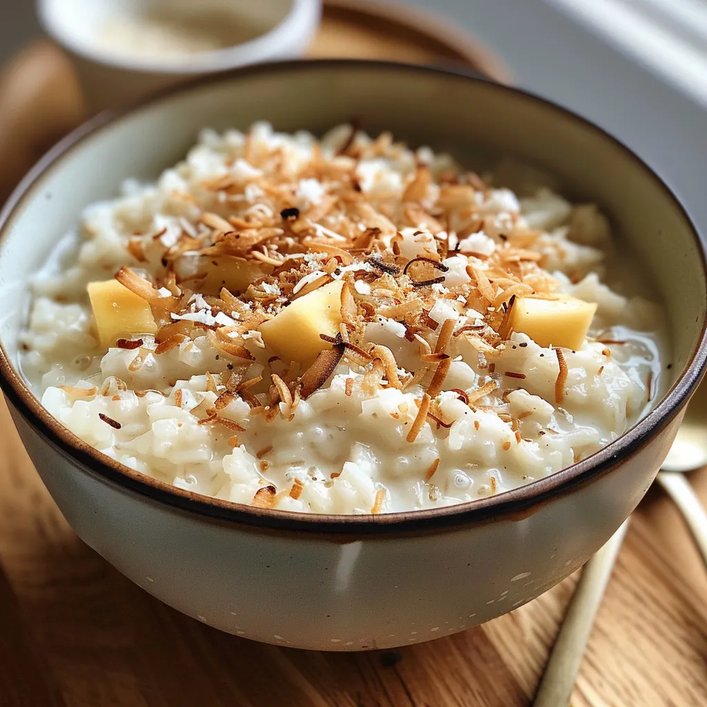 Rich and inviting coconut rice pudding showing grains and spices in a bowl.