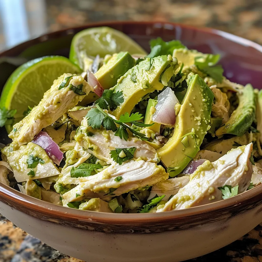 Detailed view of creamy avocado chicken salad with visible pieces of chicken and avocado.