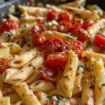 Juicy Creamy Baked Feta Tomato Pasta with garlic and olive oil.