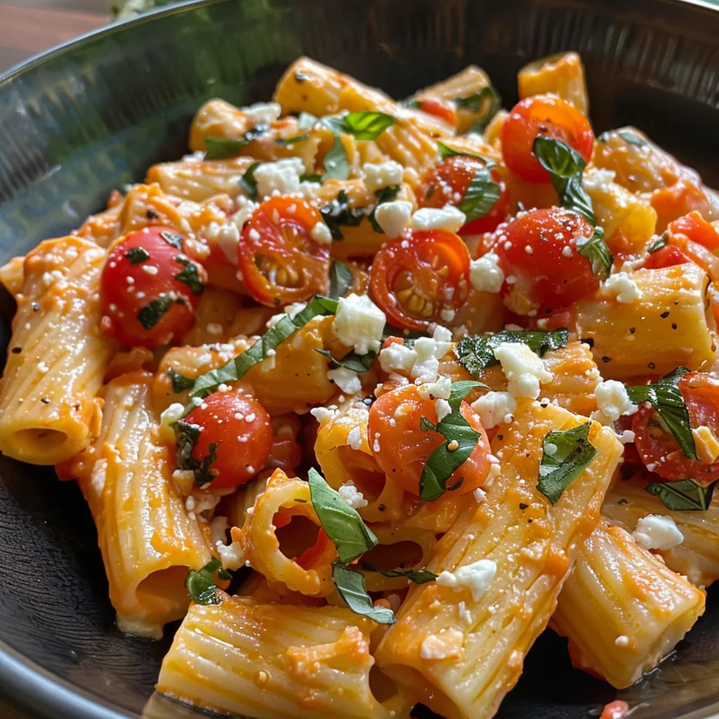 Serve of pasta featuring baked feta, cherry tomatoes, and fresh basil.