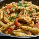 Juicy creamy Cajun chicken pasta with diced tomatoes and penne, served in a white bowl.