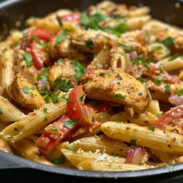 Juicy creamy Cajun chicken pasta with diced tomatoes and penne, served in a white bowl.