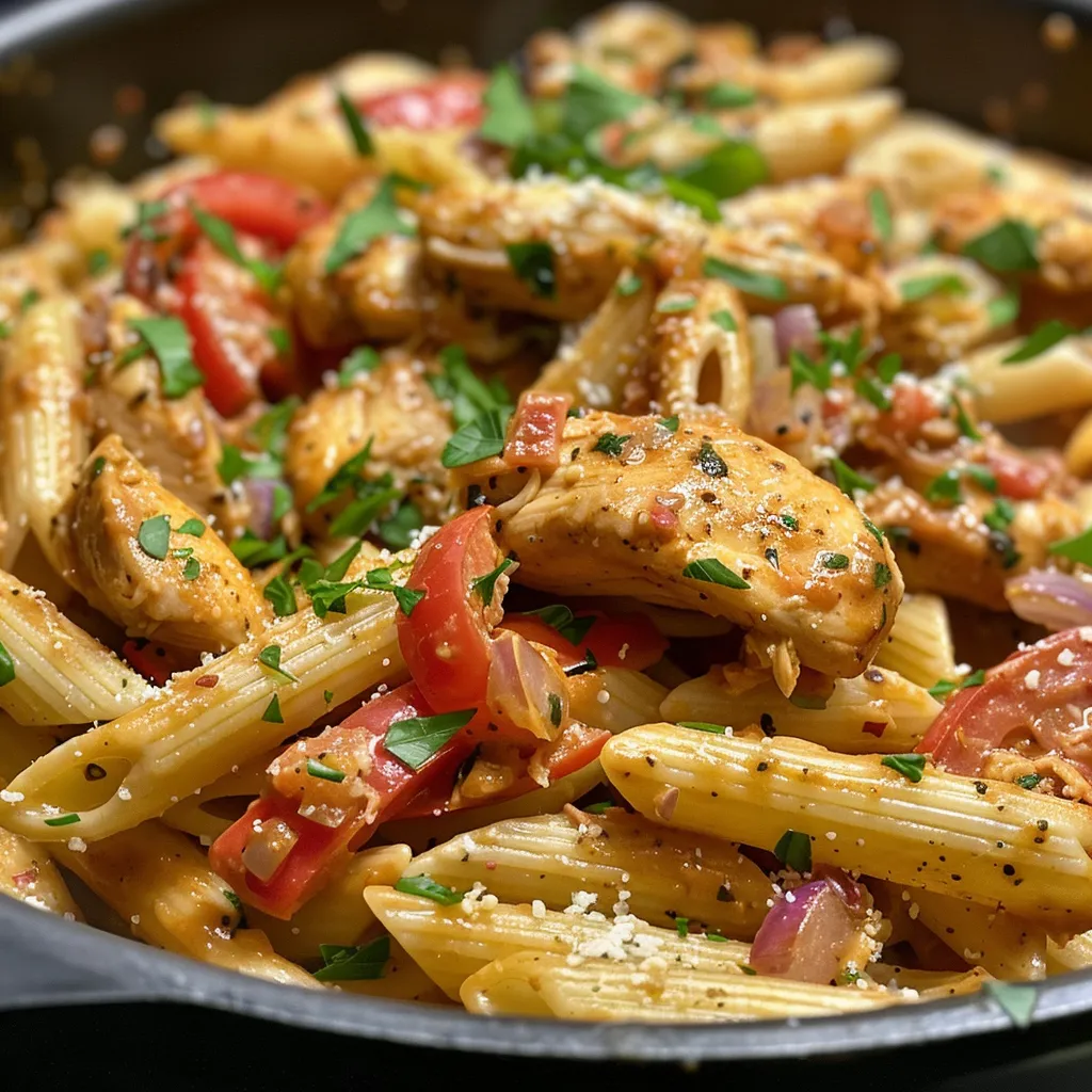 Juicy creamy Cajun chicken pasta with diced tomatoes and penne, served in a white bowl.