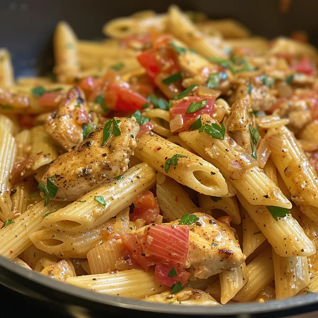 A delicious serving of creamy Cajun chicken pasta, highlighting the rich sauce and vibrant ingredients.