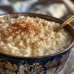 Juicy and delicious coconut rice pudding served in a bowl, with a sprinkle of cinnamon.