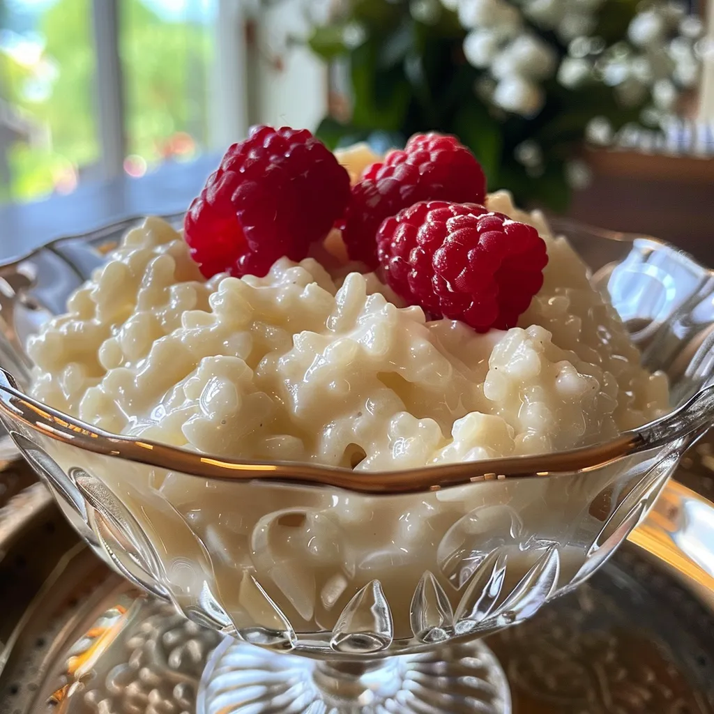 Spoonful of creamy coconut rice pudding showing its smooth consistency and toppings.
