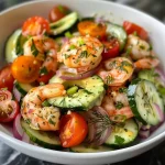 Detailed shot of a refreshing shrimp salad with creamy dressing and fresh herbs.