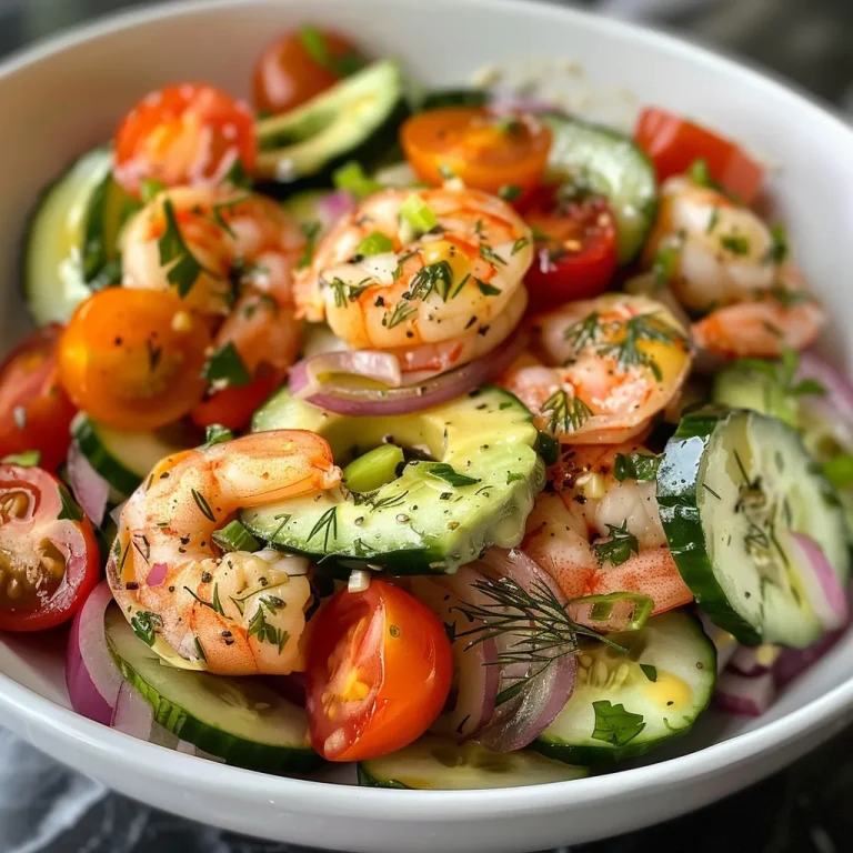 Elevate Your Lunch Game: The Ultimate Creamy Cucumber Shrimp Salad Detailed shot of a refreshing shrimp salad with creamy dressing and fresh herbs.
