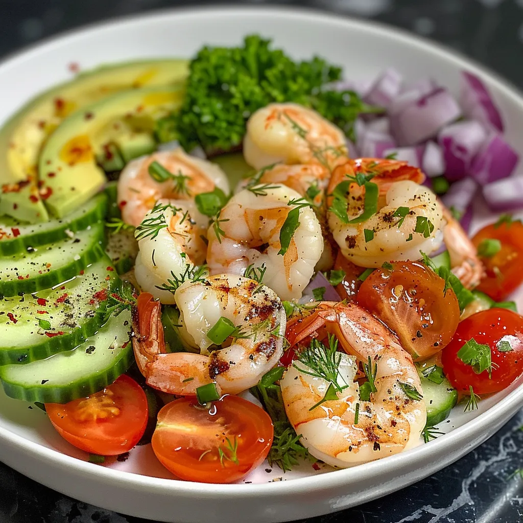 Juicy shrimp salad displayed with diced avocado and thinly sliced cucumbers.